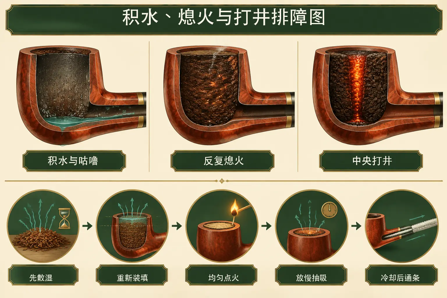 烟斗积水、反复熄火和中央打井的症状与排障顺序示意图