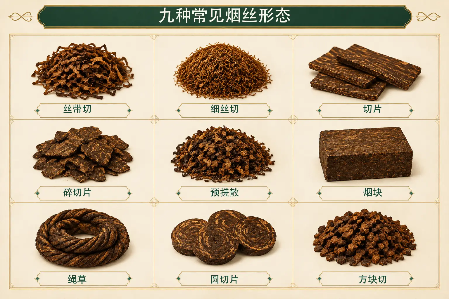 九种常见烟丝形态对照图,包括丝带切、细丝切、切片、碎切片、预搓散、烟块、绳草、圆切片和方块切