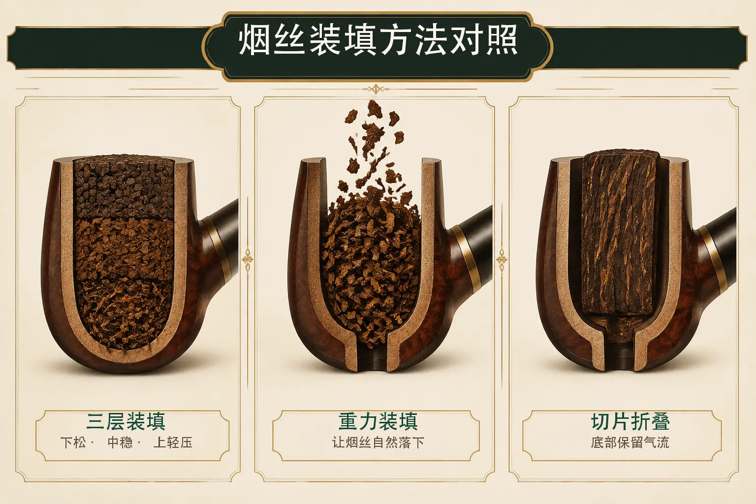 烟丝装填方法对照图,展示三层装填、重力装填和切片折叠在斗钵内的结构