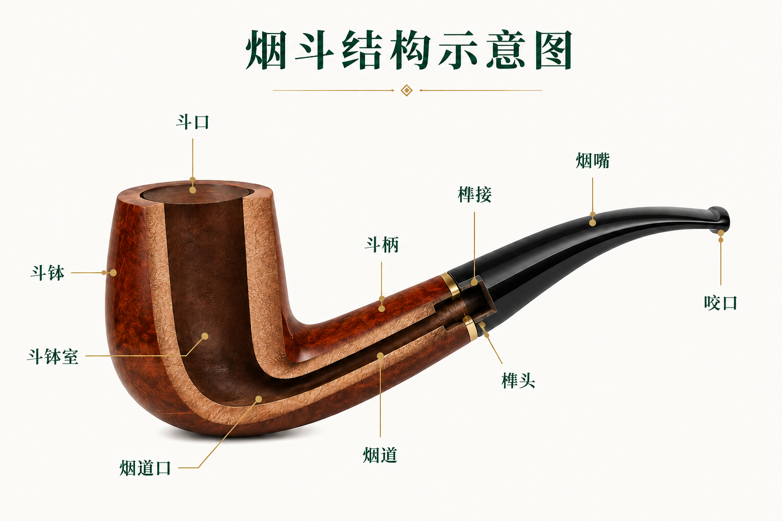 烟斗剖面结构示意图，标出斗口、斗钵、斗钵室、烟道口、烟道、斗柄、榫接、榫头、烟嘴和咬口
