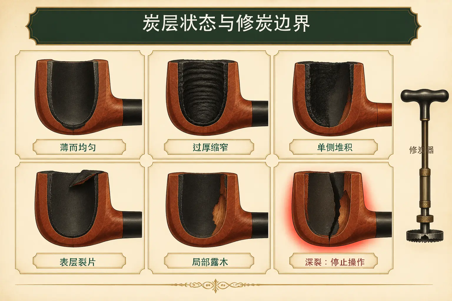 烟斗炭层状态对照图,展示薄而均匀、过厚、单侧堆积、表层裂片、局部露木和深裂