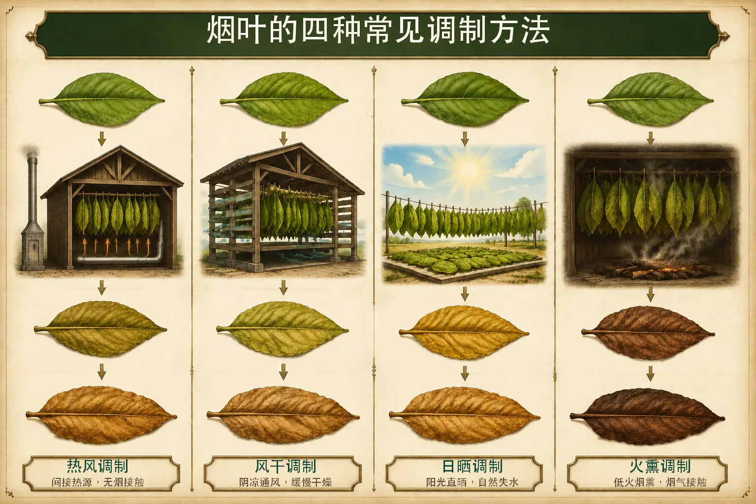 烟叶四种常见调制方法流程图，对比热风调制、风干调制、日晒调制和火熏调制